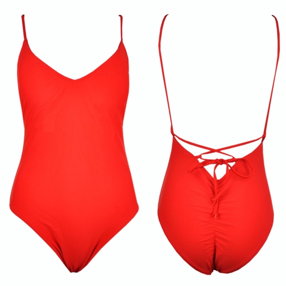 Red Lace Up Back Ruch Bottom One-Piece Swimsuit - Picture 2 of 7